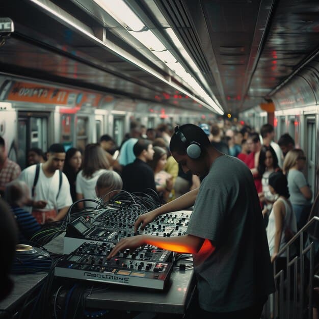 A DJ mixing different genres of music in a club, surrounded by a diverse crowd of people dancing. The lighting is colorful and dynamic, reflecting the energy of the music. This image represents the fusion of different musical styles and cultures within the American music scene.