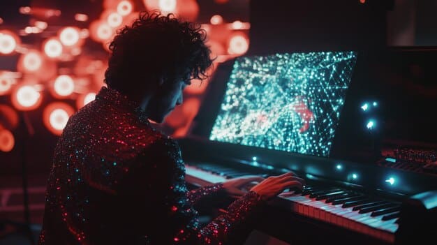 A musician using AI-powered music production software on a computer. The screen displays complex algorithms and visualizations of sound waves. This image represents the growing role of artificial intelligence in music creation and production.