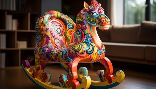 A close-up of a hand-carved wooden carousel horse, painted in bright colors and adorned with intricate details. The horse represents a classic example of American folk art craftsmanship.