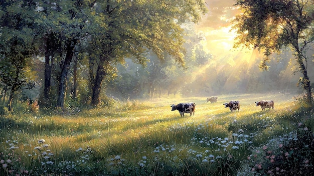 A watercolor painting depicting a rural farm scene with cows grazing in a pasture and a farmhouse in the background. The painting captures the essence of American rural life.