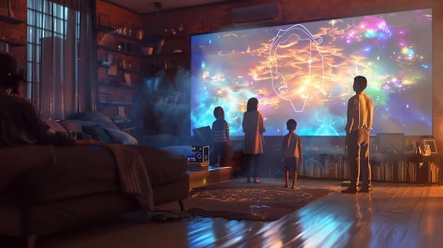 A modern living room with a family gathered around a holographic projector displaying a scene from a historical event. The children are looking on with wide eyes, captivated by the narrative.