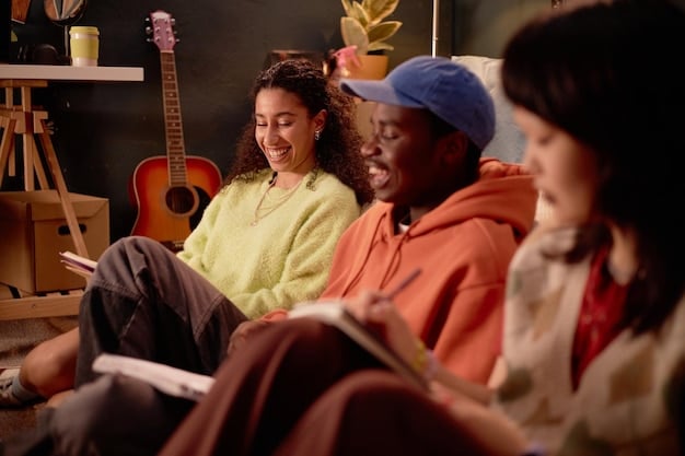 A diverse group of young adults participating in a storytelling workshop. They are sharing their personal stories and experiences, creating a supportive and inclusive atmosphere.