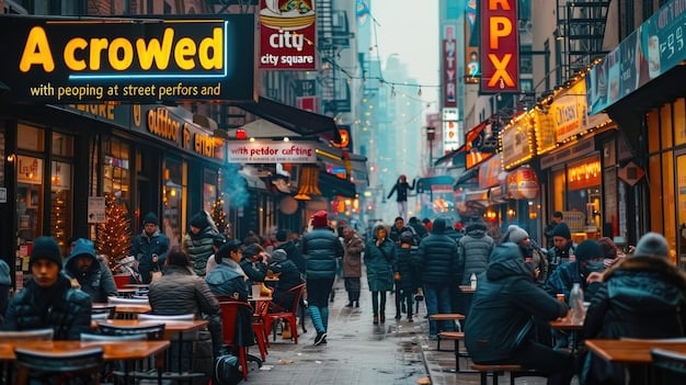 A bustling street scene in a major American city, showcasing a variety of restaurants with different ethnic cuisines, people speaking different languages, and signs in multiple languages.