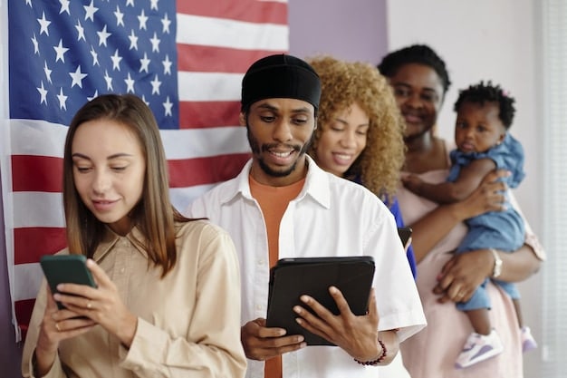 A split-screen image showing immigrants using smartphones and computers to connect with family and friends in their home countries, while also accessing local news and information about American culture.