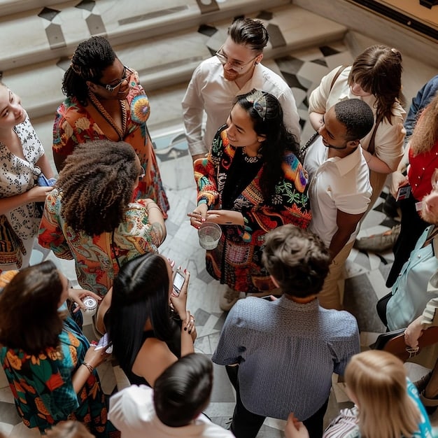 A scene depicting a diverse group of individuals participating in a cultural exchange event, where they are sharing traditional foods, music, and crafts. The atmosphere is warm and inviting, showcasing the beauty of different cultures and fostering a sense of community.