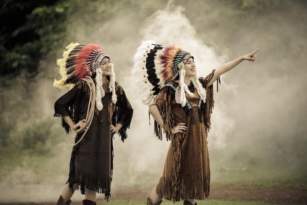 A group of Native American tribal members in traditional clothing performing a cultural dance at a National Park. The backdrop features natural rock formations and a small gathering of park visitors observing respectfully.