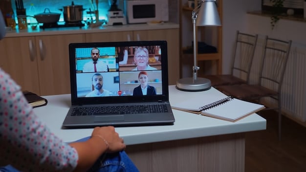 A laptop showing a video conference call with multiple participants in their homes, symbolizing the reliance on technology for communication and connection during the pandemic.