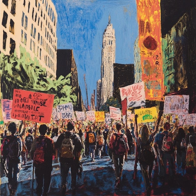 A street mural depicting a political rally with protesters holding signs representing various causes, while riot police stand guard in the background, symbolizing the tension and division in public expression.