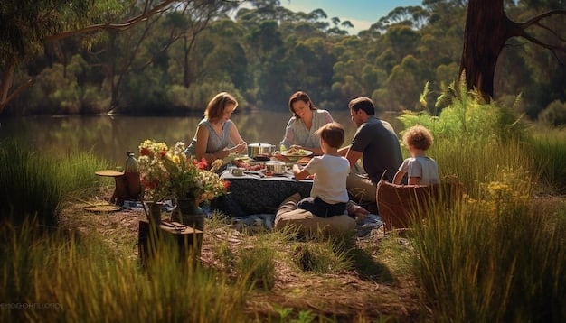 A family happily preparing a picnic lunch at a scenic overlook in a national park. Sandwiches, fruits, and drinks are laid out on a checkered blanket. A hiking trail and mountains are visible in the background.