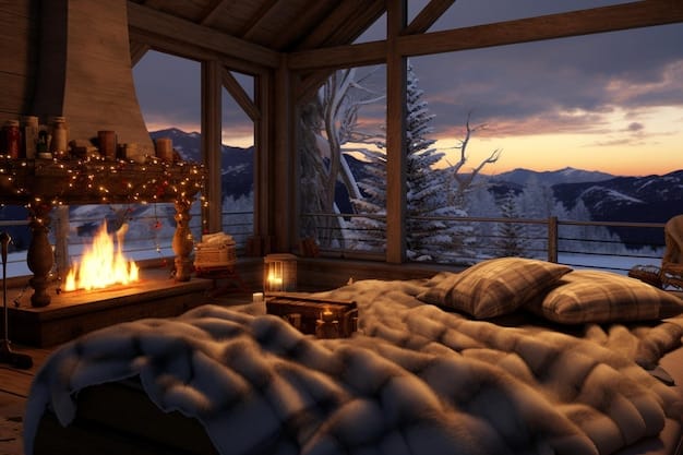 A cozy ski lodge in Aspen, Colorado, with snow gently falling outside. The warm lights inside contrast with the snowy exterior, creating a welcoming and inviting scene for off-season skiers or snowboarders.