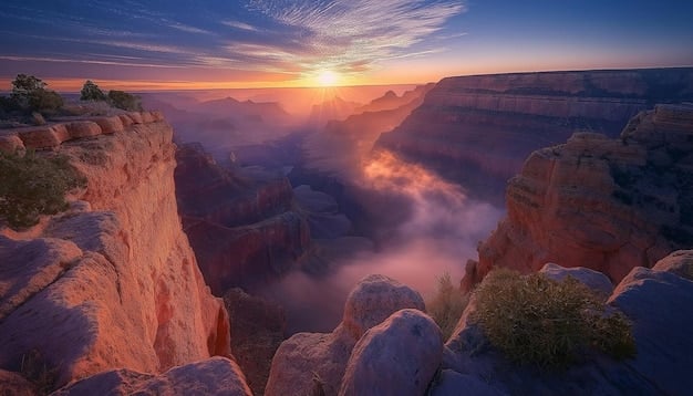 A serene landscape of the Grand Canyon in Arizona during the early morning hours. The soft sunlight illuminates the canyon walls, with very few people visible, showcasing the peacefulness of visiting during the off-season.