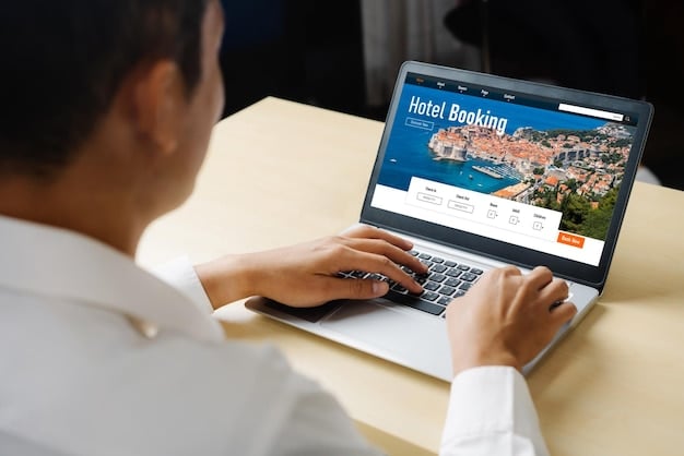 A person using a laptop to compare hotel rates on different travel websites. The screen shows various tabs open, each displaying a different accommodation booking platform.