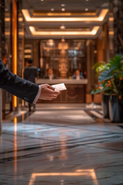 A close-up shot of hands shaking over a hotel reception desk, symbolizing a successful rate negotiation. The background is blurred to keep the focus on the handshake.