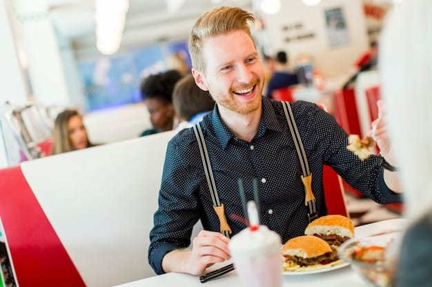 A happy traveler enjoying a meal at an affordable local diner, showcasing classic American comfort food like burgers, fries, and milkshakes.