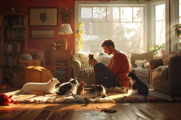 A cozy living room scene with a person sitting on a couch, petting a dog, books on the shelf. The scene depicts a comfortable and welcoming house sitting environment.