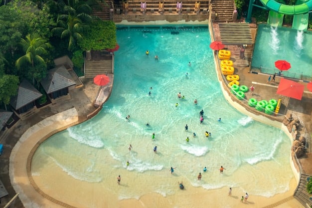 Aerial view of a family enjoying the water park at an all-inclusive resort in Orlando, Florida, showing colorful slides and pools.