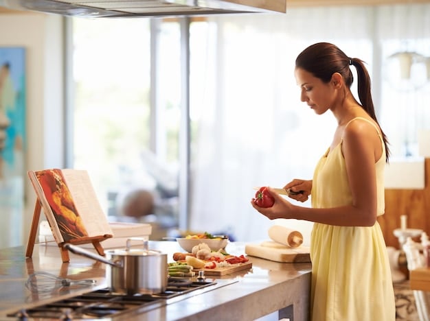 A visually appealing photo of a traveler prepping meals in a hostel or Airbnb kitchen. The traveler is surrounded by fresh, affordable ingredients purchased from a local grocery store, emphasizing the practicality of cooking meals while on a budget.