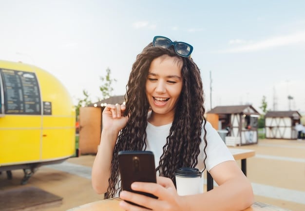 A traveler happily using a mobile travel app on their smartphone in front of a famous US landmark, like the Golden Gate Bridge or the Statue of Liberty. The app displays various deals and discounts on local activities and tours.