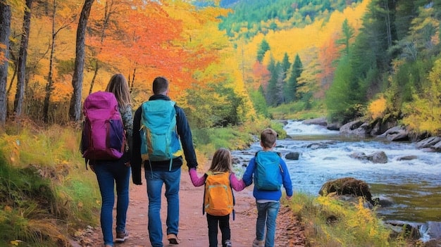 A family hiking in a US National Park with backpacks, enjoying the natural scenery and sunshine, illustrating affordable outdoor activities.
