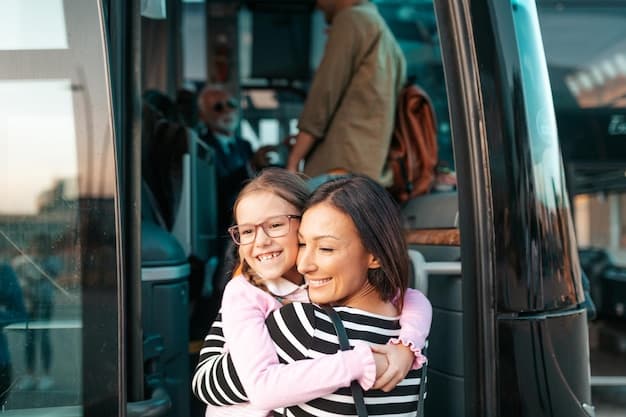 A family riding a local bus in a US city, with smiles, conveying the affordability of public transport.
