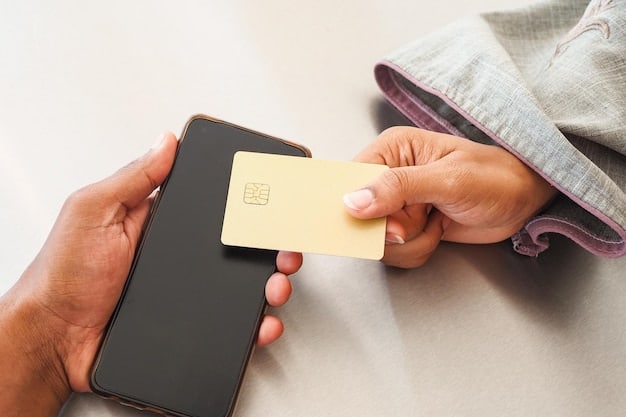 A close-up shot of a person's hands holding a credit card while using a mobile app to check their travel rewards balance. The app displays flight options and hotel bookings. The background is a blurred image of a sunny beach, suggesting a travel theme.