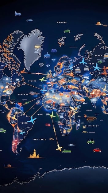 A world map with highlighted areas representing popular digital nomad destinations, such as Southeast Asia, South America, and Europe. Each highlighted area is tagged with the number of days required to meet the physical presence test in a 12-month period.