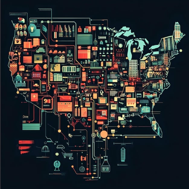 A map of the United States highlighting popular cities for digital nomads with co-living and co-working spaces, such as Austin, San Francisco, Denver, and New York City. Each city has small icons representing workspaces and housing.