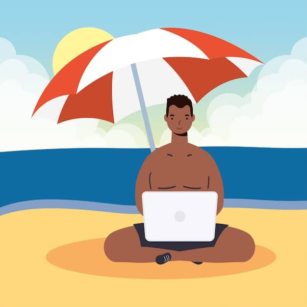 A person sitting on a beach with a laptop, an umbrella providing shade, working remotely.