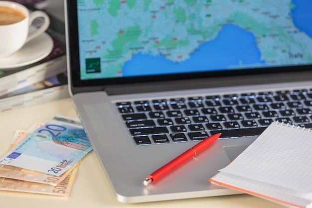 A close-up of a passport next to a laptop, with financial documents partially visible, to represent the intersection of travel and financial planning for digital nomads.