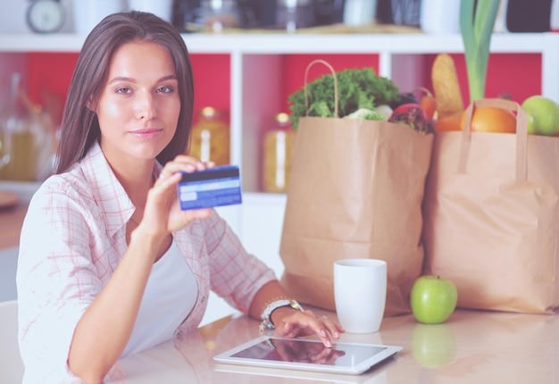 A woman using a credit card to pay for groceries in a foreign market, highlighting everyday financial transactions in a digital nomad's life.