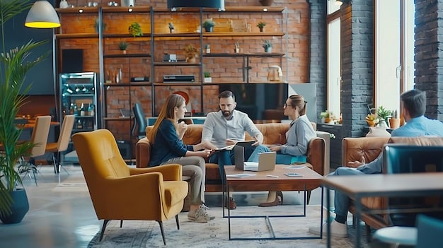 A modern co-working space with people working on laptops, open meeting areas, and a coffee bar. The space is well-lit, and the atmosphere is collaborative and productive.
