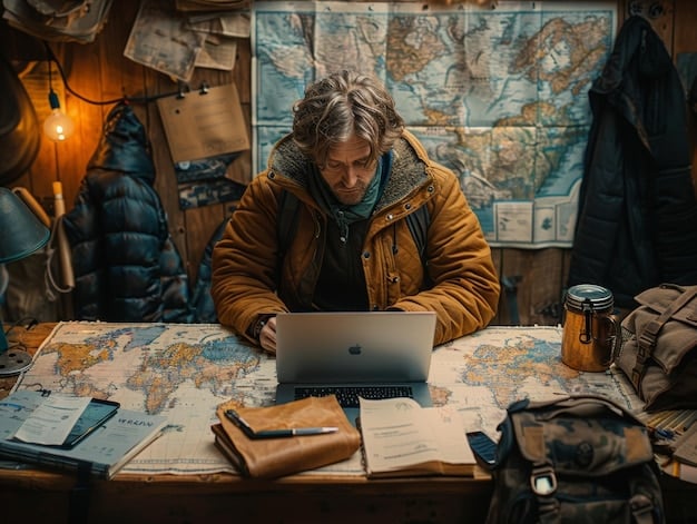 A close-up shot of a stressed-out digital nomad sitting at a desk, surrounded by multiple screens and travel documents. The person appears overwhelmed and is rubbing their temples.