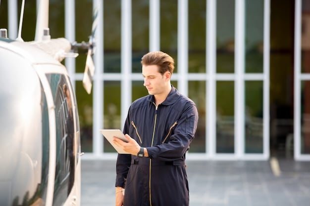 A digital nomad standing next to a well-maintained used car, smiling and holding keys. The background shows a repair shop indicating a pre-purchase inspection.