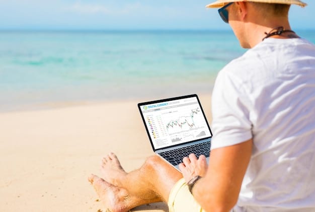 A person sitting on a beach with a laptop, with a visual overlay showing graphs and tax forms, symbolizing the intersection of digital nomadism and tax obligations. The scene should be bright and tropical.