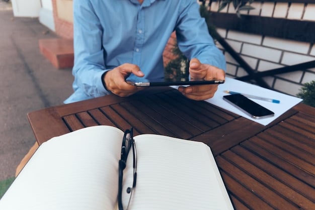 A close-up of a digital nomad reviewing tax documents on a tablet device, with notes and a calculator visible in the background. The image focuses on the detail and complexity of the tax process.