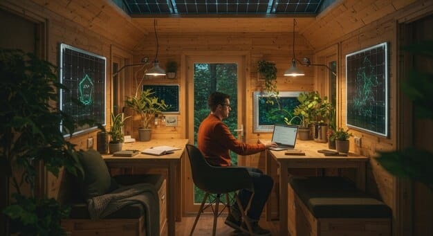 A digital nomad sitting at a desk in a co-working space, surrounded by monitors and equipment, with a whiteboard in the background listing deductible expenses and tax credits. The scene emphasizes a professional yet flexible work environment.