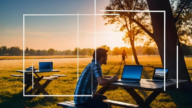 A split screen image showing two contrasting scenes: on one side, a digital nomad working on a beach with a laptop; on the other side, the same nomad sitting in a sterile office environment, symbolizing the choice between location independence and traditional tax residency.