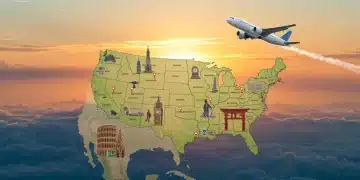 Airplane flying over US map, symbolizing cheap domestic flights in 2025.