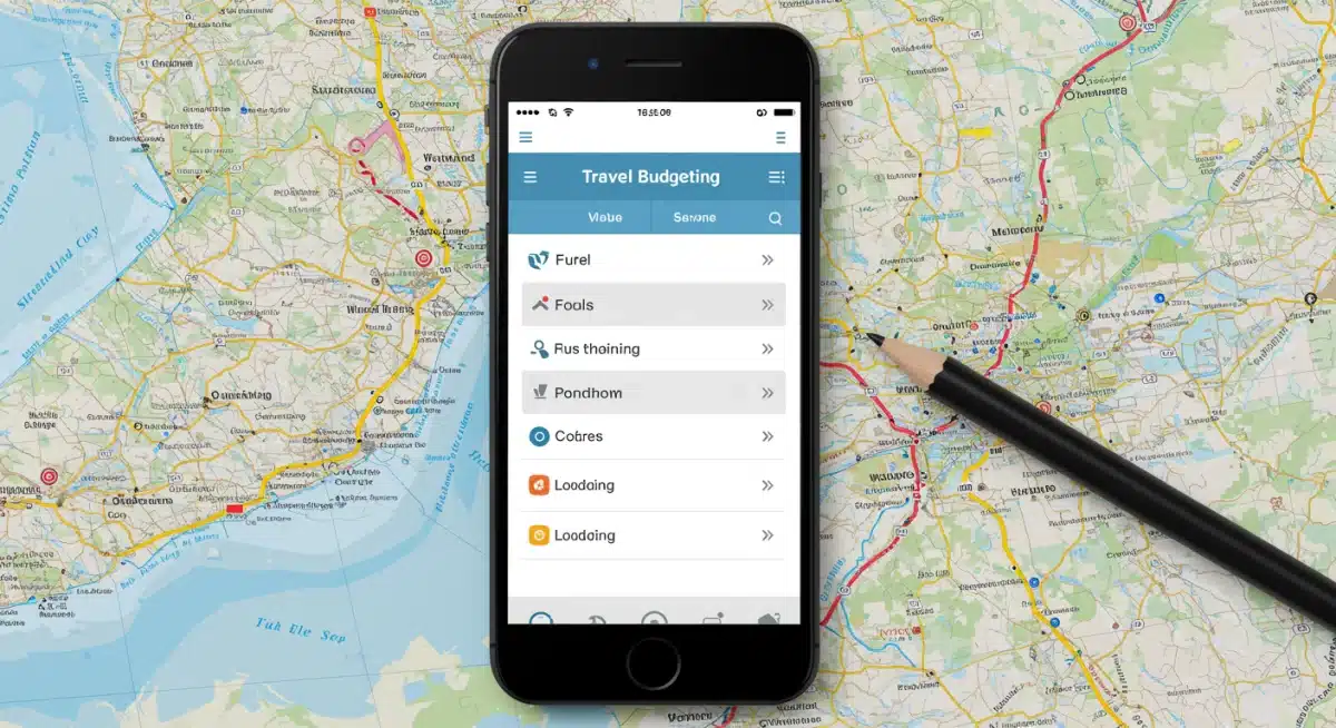 Budgeting app on smartphone with road trip map, illustrating smart financial planning.