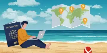 Digital nomad working on laptop on a beach with tax documents