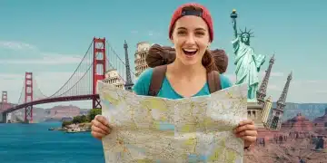 Adventurous traveler planning a last-minute national trip across the USA with a map and iconic landmarks.