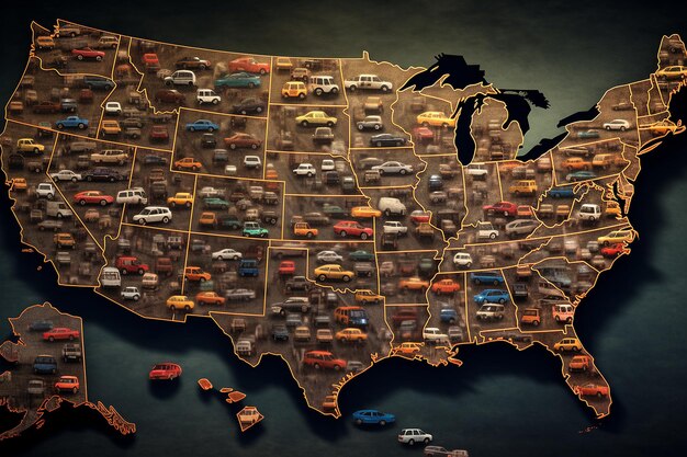 A detailed map of the United States highlighting a potential cross-country road trip route. The route is marked with different colored lines indicating segments passing through various states and major cities, with icons indicating national parks and landmarks along the way.