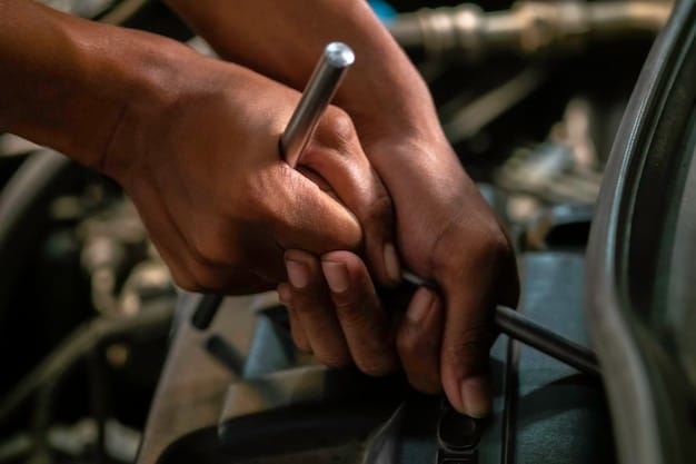 A close-up view of a mechanic's hands performing a routine inspection on a car's engine. The focus is on the mechanic checking fluid levels and examining belts and hoses, ensuring the vehicle is in optimal condition for a long road trip.