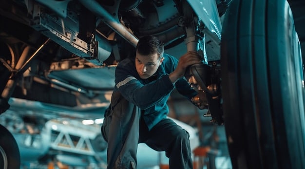 A mechanic working on a car in a well-equipped garage. The car is elevated on a lift, and the mechanic is inspecting the engine with various tools and equipment visible around him. The scene emphasizes thorough vehicle maintenance and preparation for a long road trip.