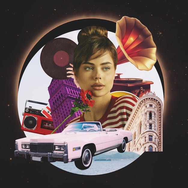 A collage of various American pop culture icons, including movie posters, album covers, and images of famous celebrities.