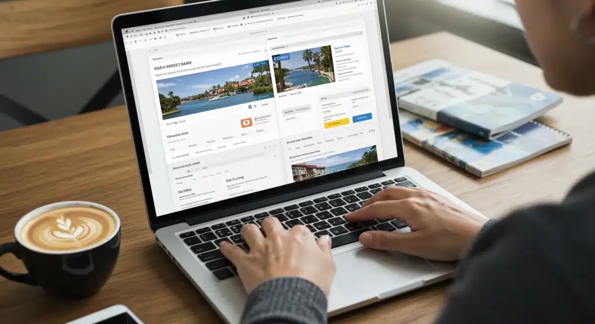 Person researching and comparing last-minute travel deals on a laptop.
