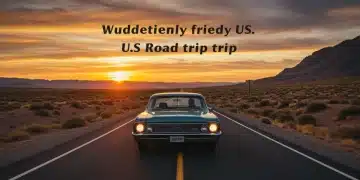 Budget Breakthrough: Save 30% on US Road Trips in 2025 Classic car driving on open road at sunset, symbolizing an affordable US road trip adventure.