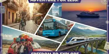 Diverse budget travel transportation options for 2026, including cycling, carpooling, local buses, trains, and ferries, emphasizing affordability and exploration.