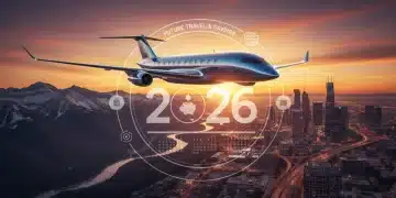 Airplane flying over diverse U.S. landscape at sunset, symbolizing 2026 flight deals and savings.