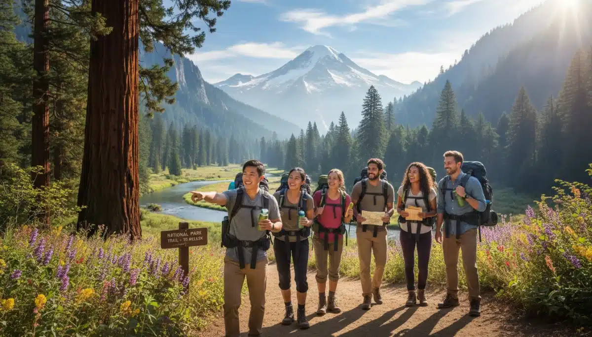 Friends hiking enjoying nature on a budget trip